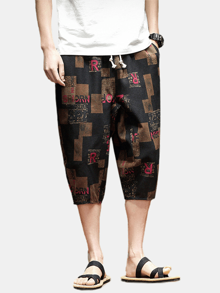 Mens Abstract Print Drawstring Ethnic Style Casual Pants with Pocket