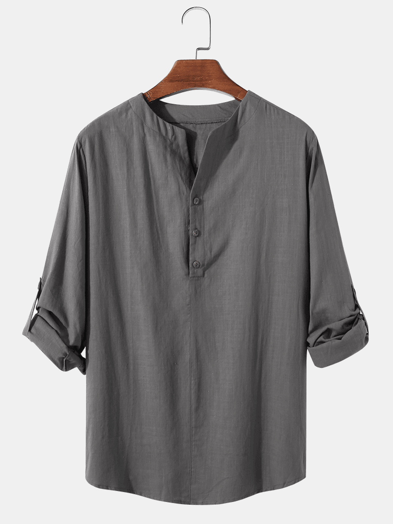 Mens Cotton & Linen Solid Color Long Sleeve Simple Henley Shirts