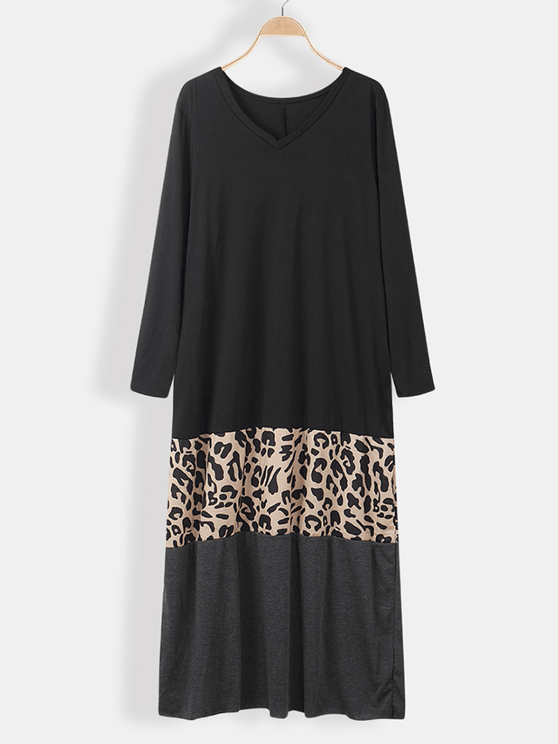 Leopard Print Patchwork Short Sleeve Causal Maxi Dress