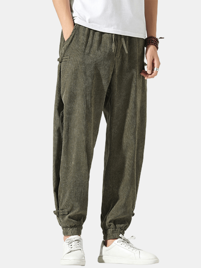 Mens Corduroy Chinese Frog Drawstring Jogger Pants with Pocket