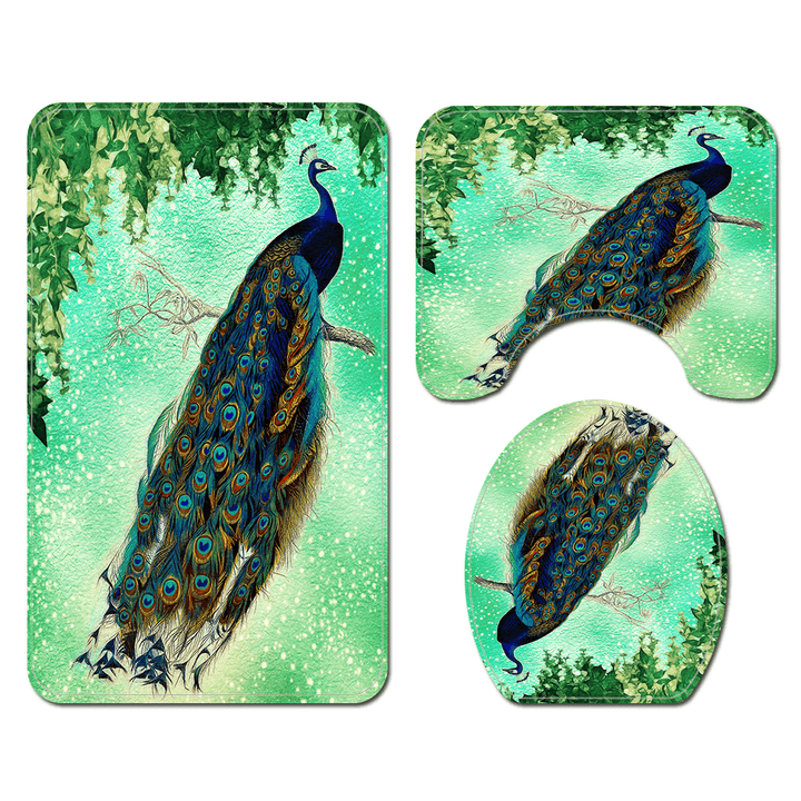 4Pcs Peacock Print Shower Curtain Floor Mat Bathroom Mat Bath Creat Decor