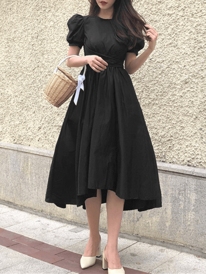 Puff Sleeve Back Zipper Drawstring Solid Color Belted Casual Midi Dress