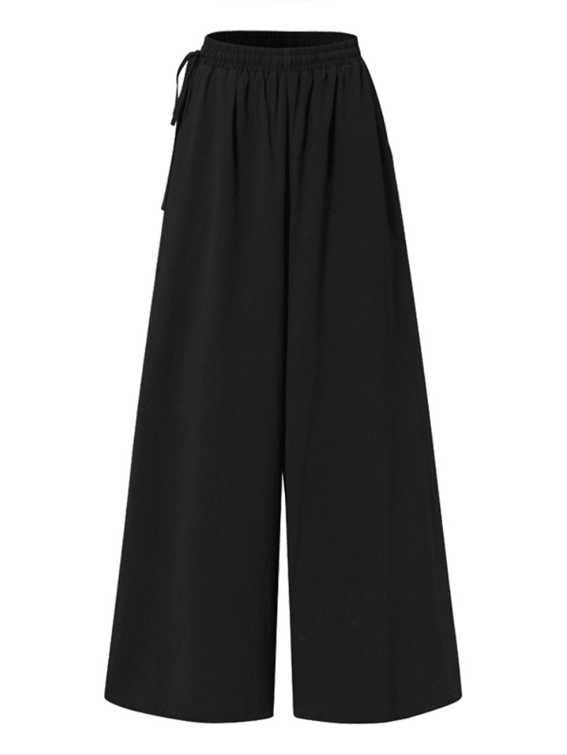 Women Casual Solid Color Side Drawstring Loose Wide Leg Pants with Pockets