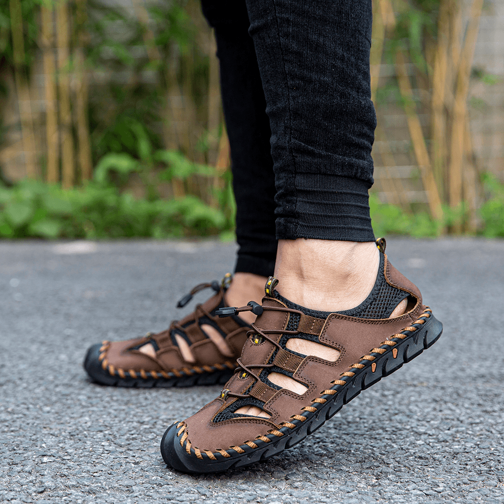 Menico Men Leather Mesh Splicing Non Slip Casual Hand Stitching Sandals