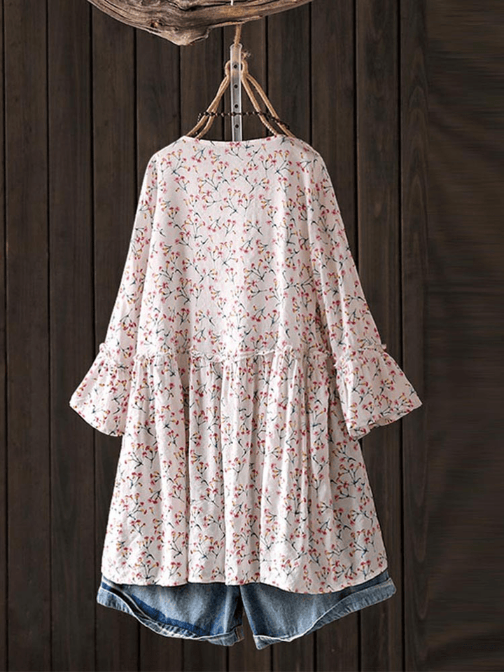 Women Casual Floral Printed O-Neck 3/4 Flare Sleeve Blouse