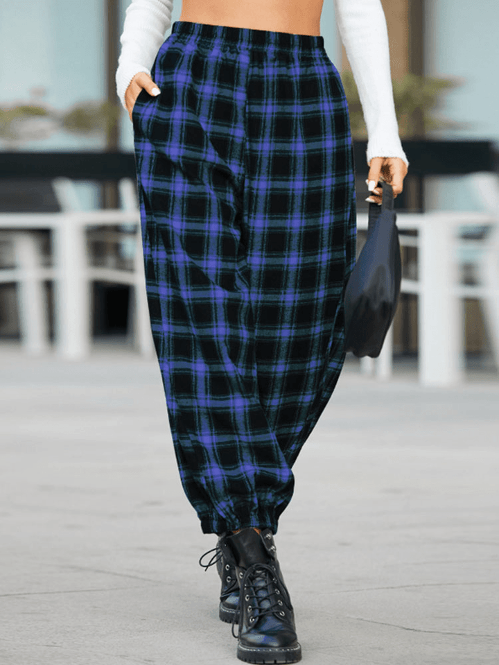 Women Plaid Print Elastic Waist Loose Stylish Beam Feet Pants Harem Pants with Pockets