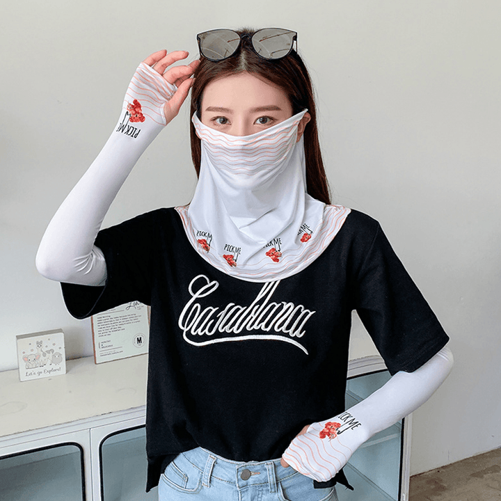 Women Sunscreen Summer Outdoor Cute Printing Ice Silk Sleeve Arm Guard Sleeve Breathable Cover Face Veil Mask - MRSLM