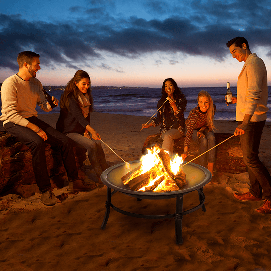 26Inch Outdoor Fire Pits BBQ Grill Wood Burning Stove with Mesh Spark Screen Cover for Camping Picnic Bonfire Patio Backyard Garden Beaches Park