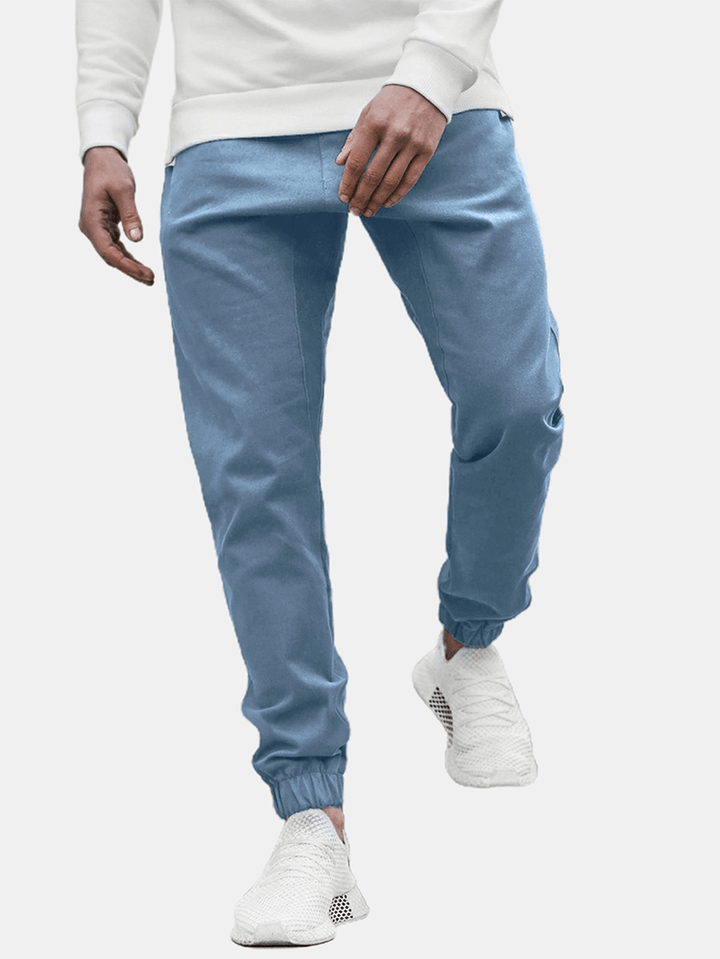 Mens Solid Color Casual Drawstring Pants with Pocket