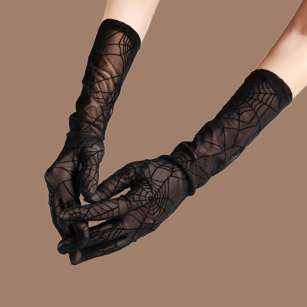 Women Solid Spider Web Pattern Lace Gloves Summer Sunshade Long Full Finger Split Finger Gloves