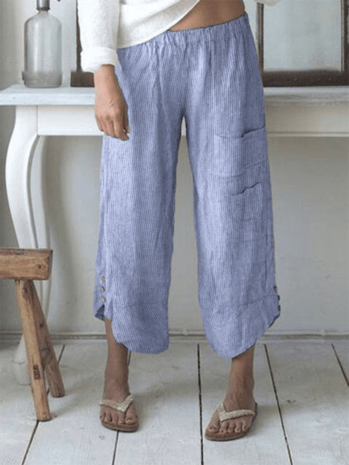 Stripe Elastic Waist Button Pocket Casual Pants - MRSLM