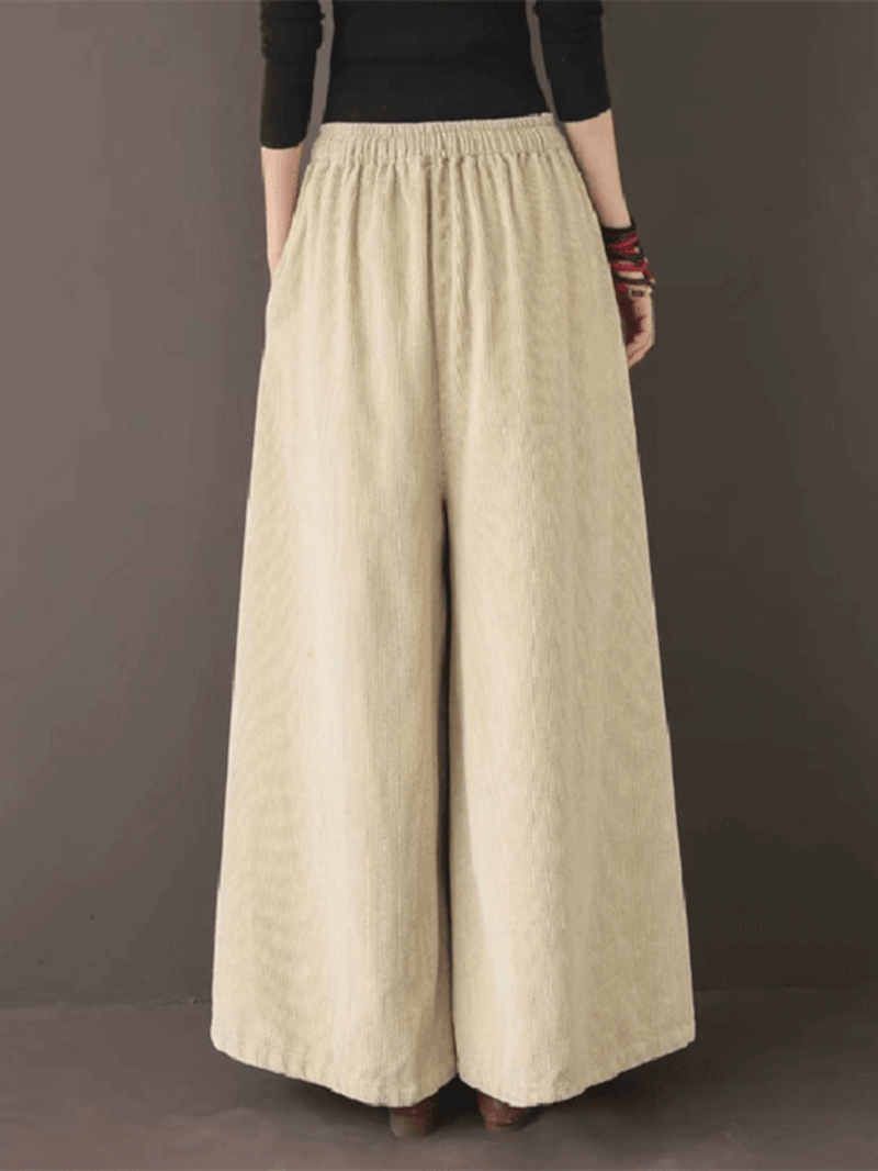 Women Retro Corduroy Solid Casual Drawstring Elastic Waist Wide Leg Pants with Pocket