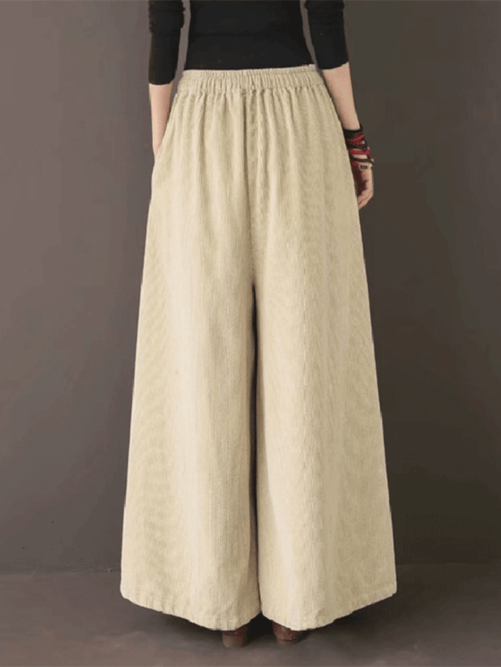 Women Retro Corduroy Solid Casual Drawstring Elastic Waist Wide Leg Pants with Pocket