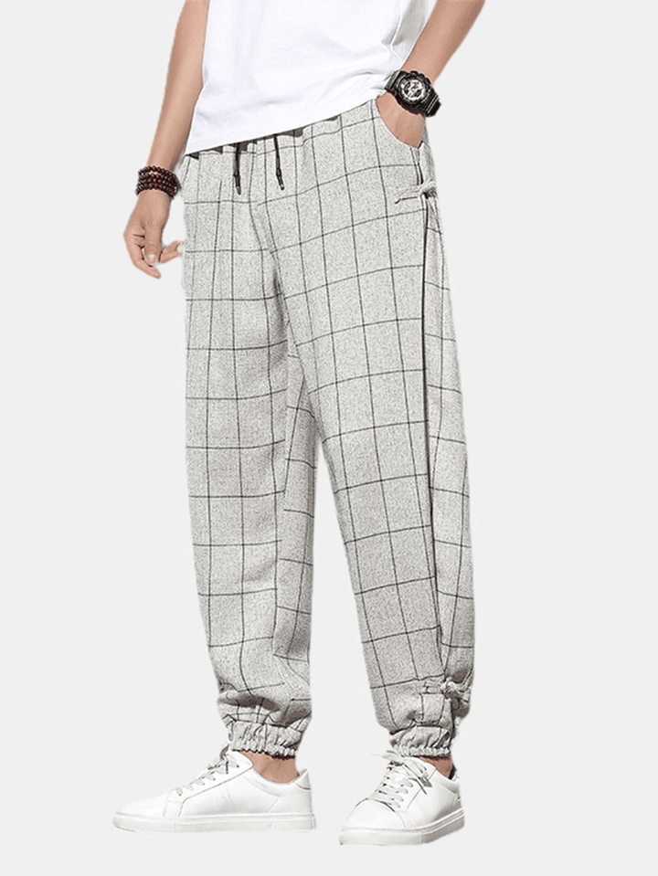 Mens Plaid Print Buckle Casual Elastic Waist Drawstring Beam Feet Pants