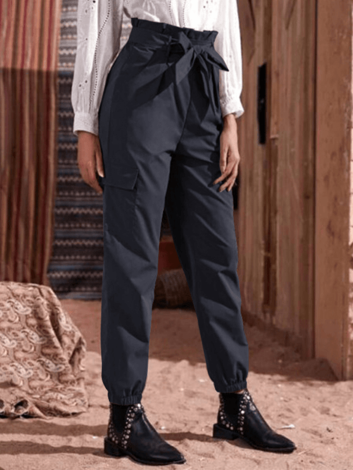 Women Solid Color Pleated Waist Lace-Up Cargo Harem Pants with Pockets