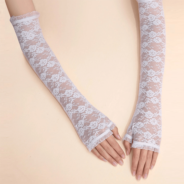 Women Dacron Wild Long Flowers Pattern Lace Gloves Mesh Breathable Half-Finger Gloves Sun Protection Sleeves