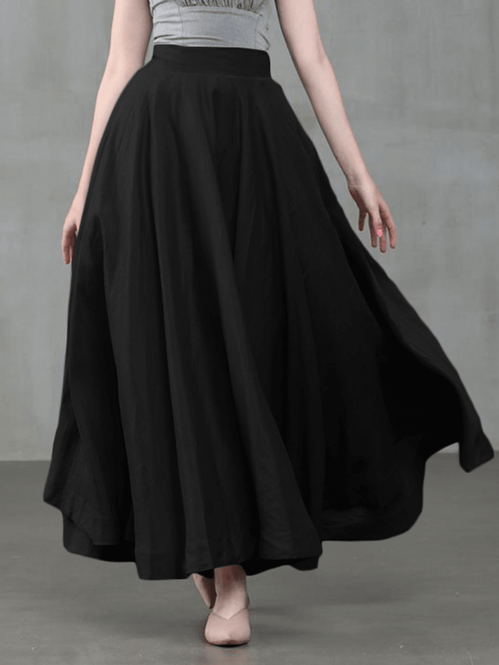 Women Solid Color Back Zip Pleated Casual Swing Skirts with Pocket - MRSLM