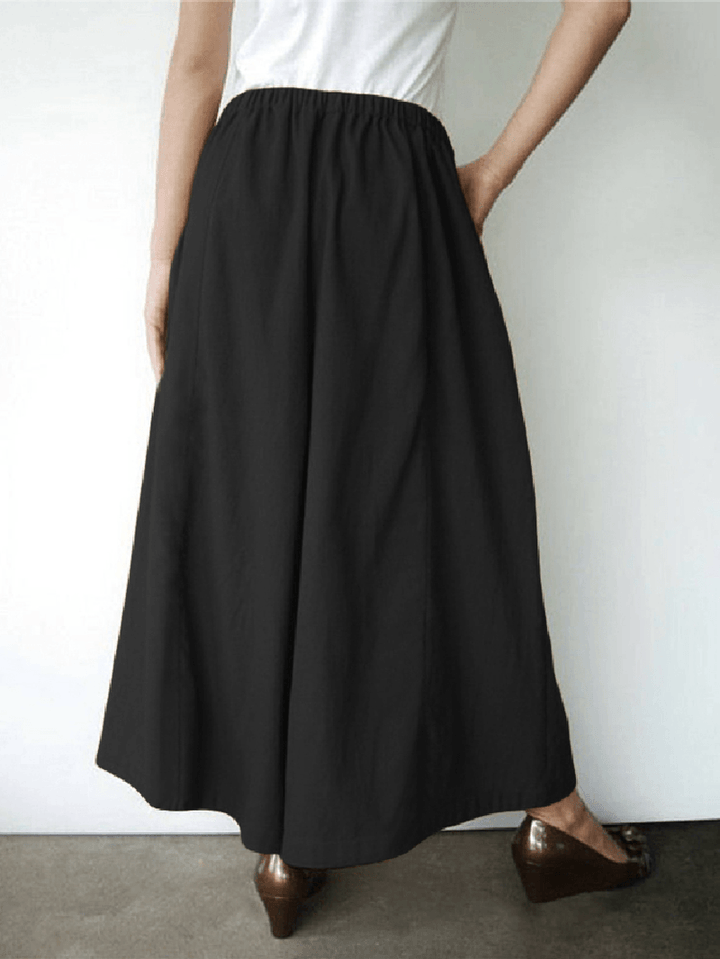 Women Cotton Solid Color Side Pockets Front Fork Wide Leg Pants