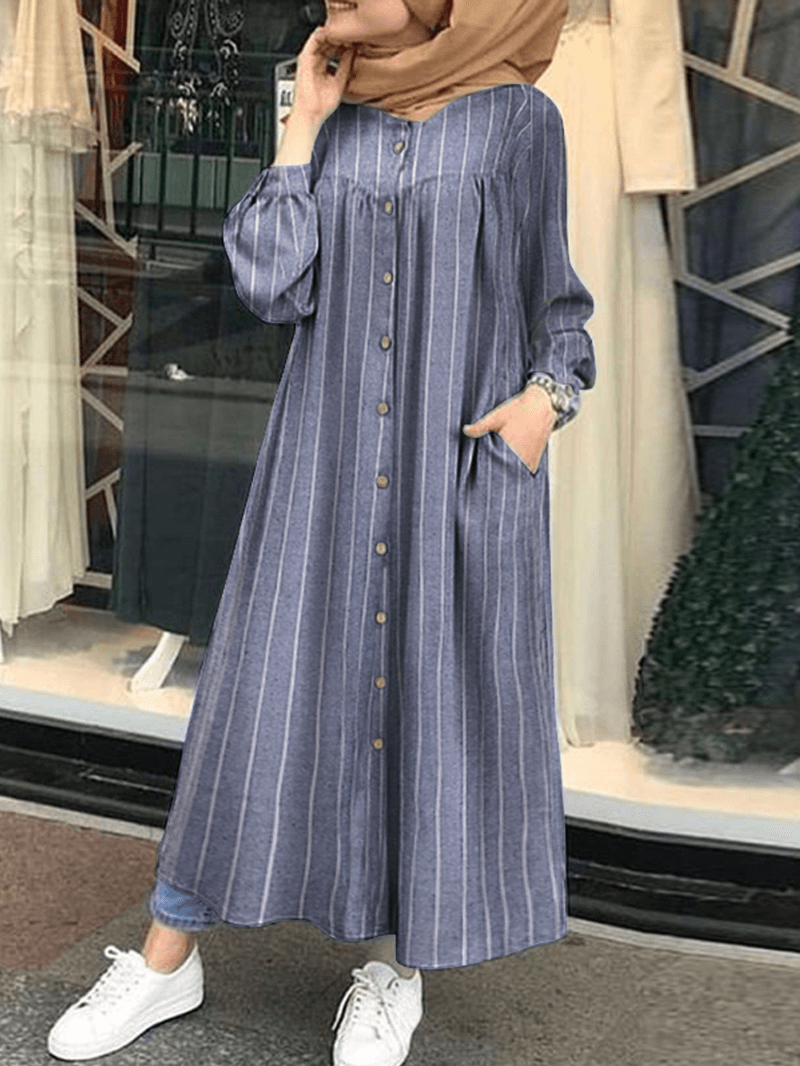 Women Casual Stripe Print Button Long Sleeve Side Pocket Shirt Maxi Dress