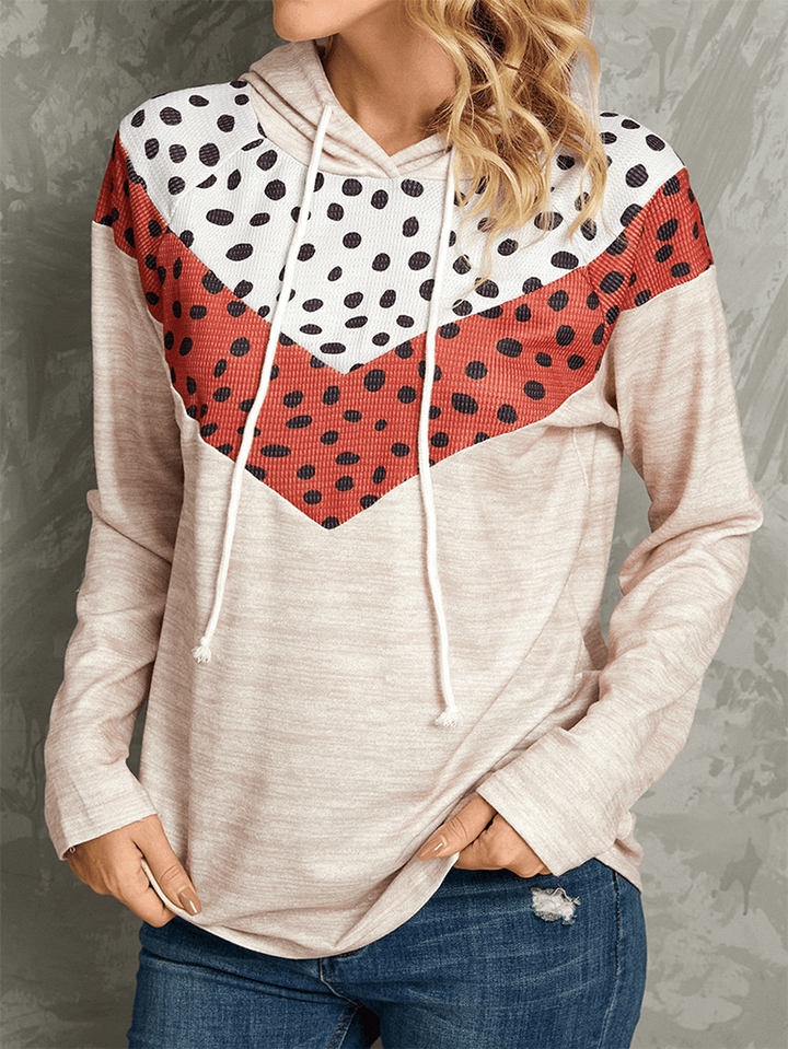 Polkadot Print Patchwork Casual Drawstring Long Sleeve round Neck Hoodies