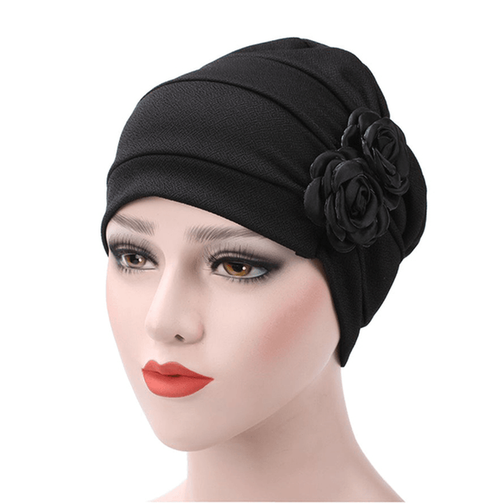 Womens New Side Paste Large Flower Solid Beanie Cap Casual Cotton Outdoor Bonnet Hat