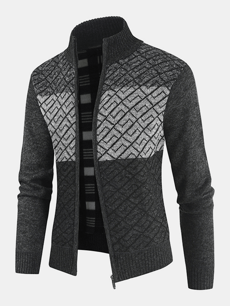 Mens Knitting Graphics Zipper Colorblock Warm Long Sleeve Sweater Jacket