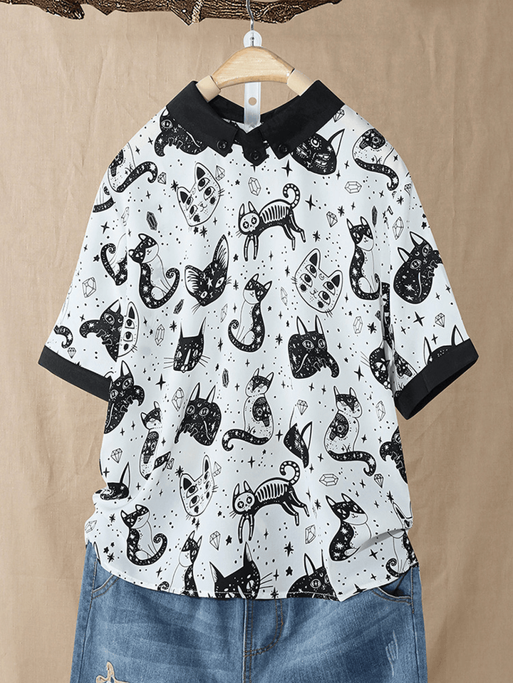 Cold Shoulder Cat Print Blouse