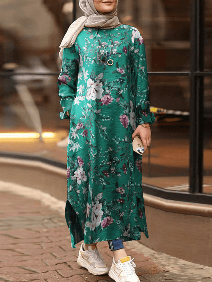 Women Cotton Floral Print Loose Contrast Color Robe Kaftan Split Hem Shirt Dress with Pocket - MRSLM