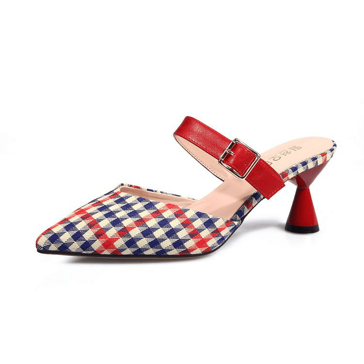 Women Retro Elegant Lattice Pattern Pointed Toe Backless Cone Heel Shoes - MRSLM