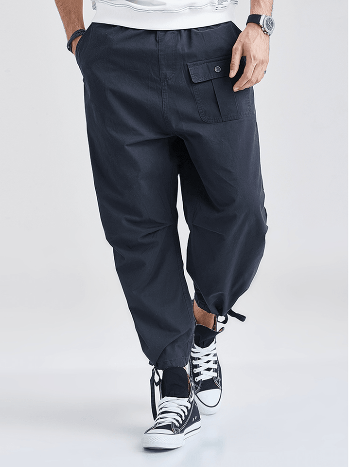 Mens 100% Cotton Multi-Pocket Drawstring Navy Jogger Pants