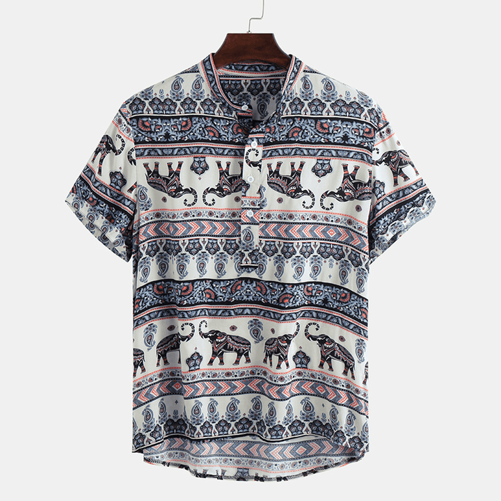 Mens Ethnic Style Pattern Printing Summer Loose Henley Shirt - MRSLM