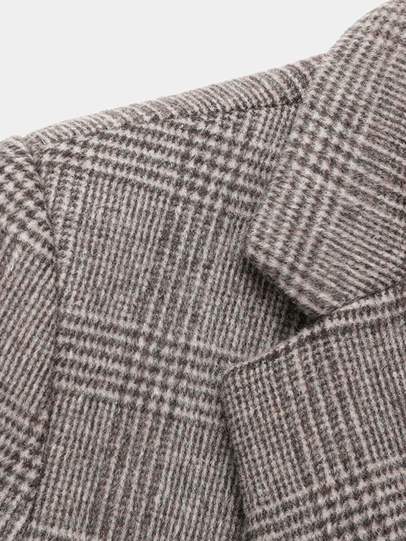 Mens Houndstooth Woolen Single-Breasted Lapel Mid-Length Overcoat