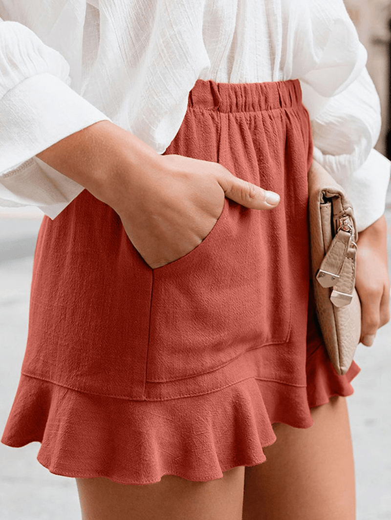 Women Solid Color Elastic High Waist Pocket Shorts