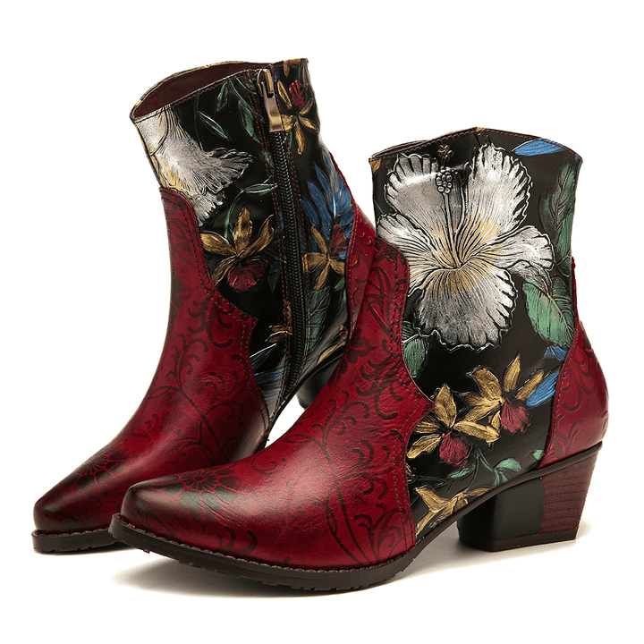 Women Retro Embossed Flowers Stitching Leather Ankle Boots