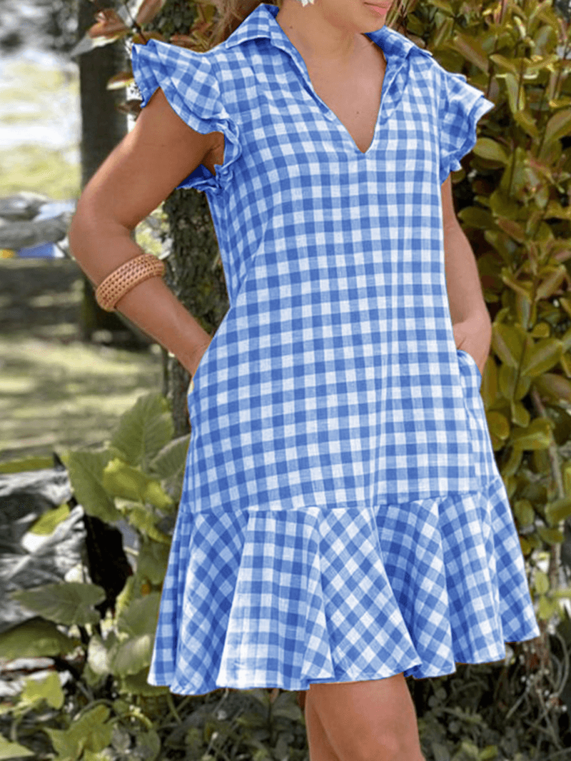 Lapel Plaid Ruffles Side Pocket Summer Dress for Women