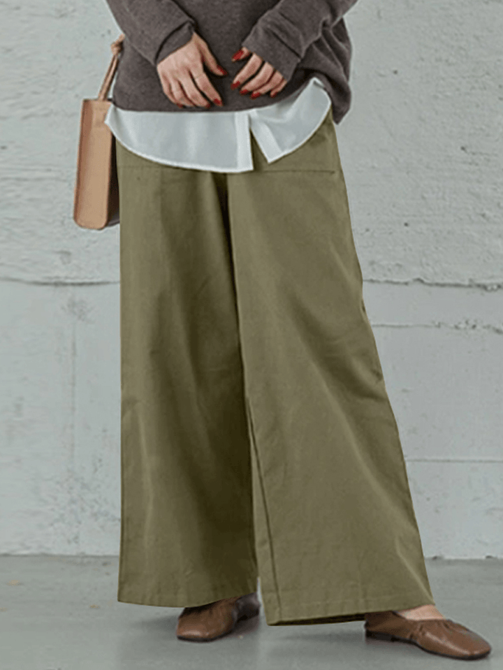 Women Casual Basic Solid Color Loose Wide Leg Pants with Pocket - MRSLM