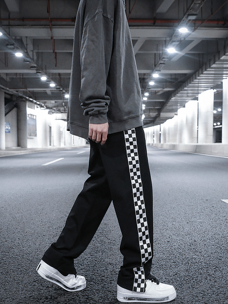 Checkerboard Side Split Straight Leg Sweatpants Hip-Hop Drop Feeling Stacked Drawstring Casual Pants Men