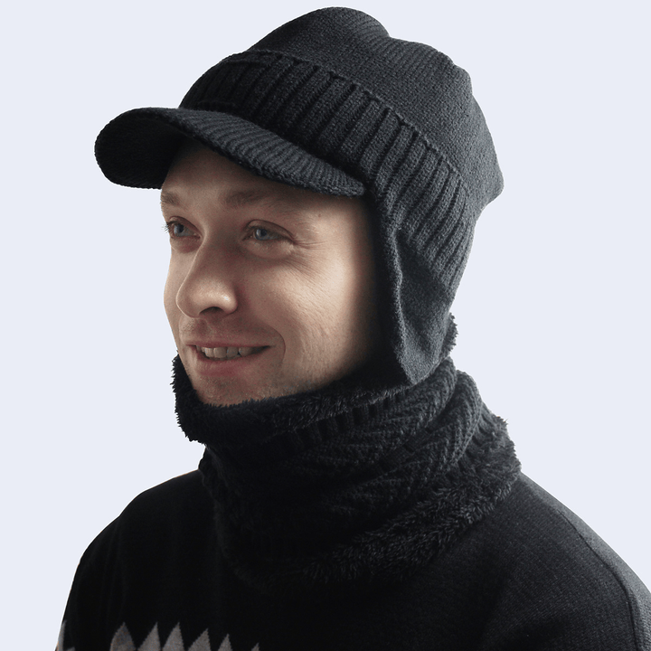 Men'S Velvet Hat with Eaves Autumn and Winter Pullover Cap Bib Set Ear Protection Warm Woolen Cap