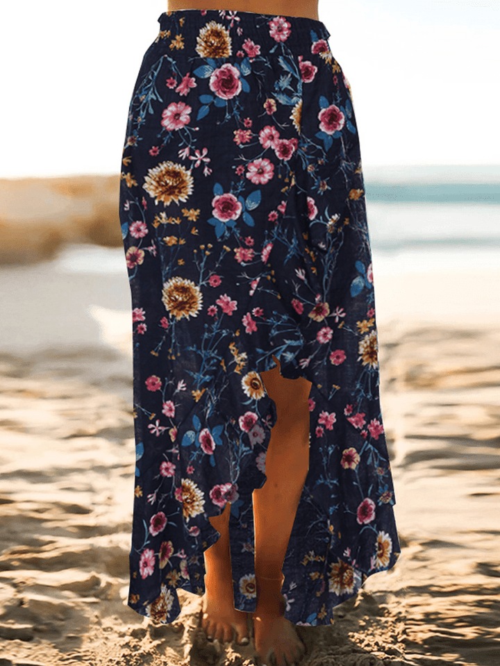 Bohemian Beach Floral Print Elastic Waist Flounce Hem Maxi Skirts