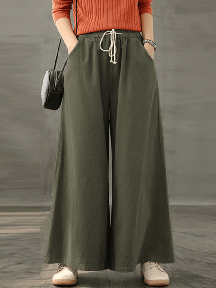 Women Vintage Drawstring Waist Loose Casual Wide Leg Pants with Pockets - MRSLM