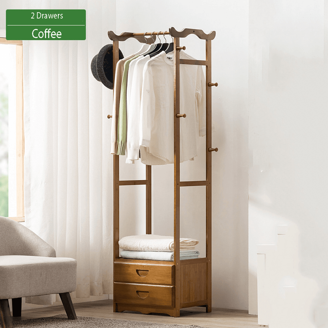 8 Hook Coat Rack 2/3 Drawer Bamboo Wooden Hanging Stand Cloth Trousers Hanger Home Office Storage - MRSLM