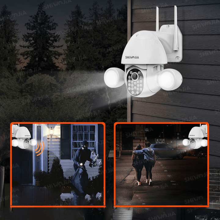 SHIWOJIA 3MP WIFI Security Camera Dual-Lamp Smart Lighting Courtyard PTZ Rotation Camera IP66 Waterproof Color Night Vision Camera