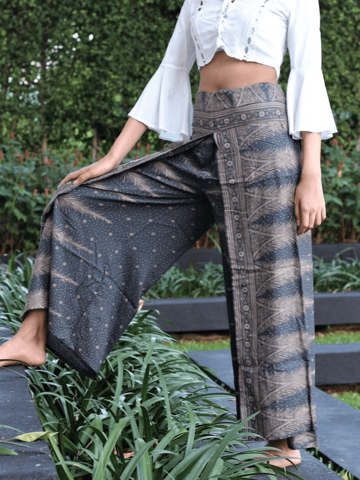 Women Idyllic Ethnic Style High Waist Side Split Loose Yoga Wide Leg Pants