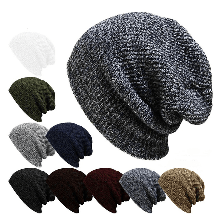 Unisex Men Women Stripe Knitted Slouch Beanie Hat Pure Color Elastic Winter Warm Cap