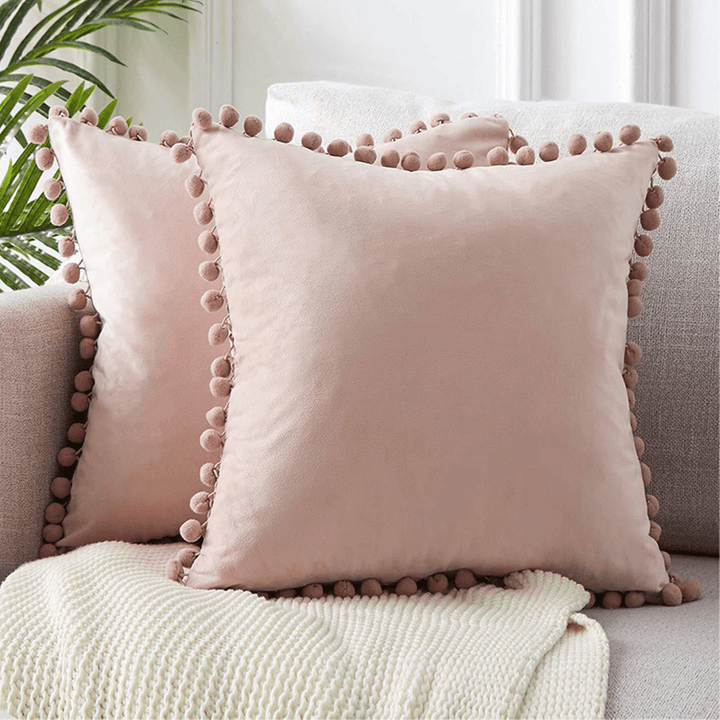 45*45Cm Soft Velvet Pillow Covers Cute Pom Poms Throw Pillow Covers Square Cushion Case for Sofa Couch Home Decor - MRSLM