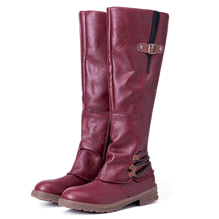 Women Metal Buckle Decor Slip on Mid Calf Riding Boots