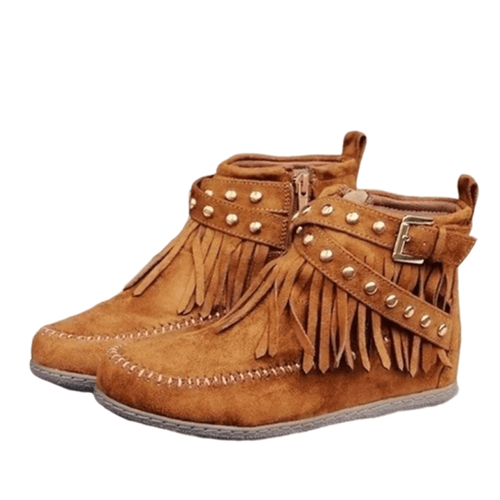 Women Large Size Suede Tassel Metal Buckle Flat Ankle Boots