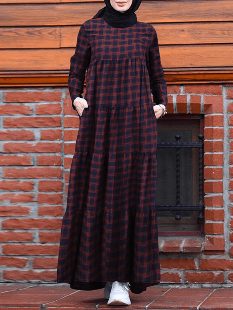 Women Vintage Plaid round Neck Kaftan Casual Long Sleeve Maxi Dresses with Pocket - MRSLM