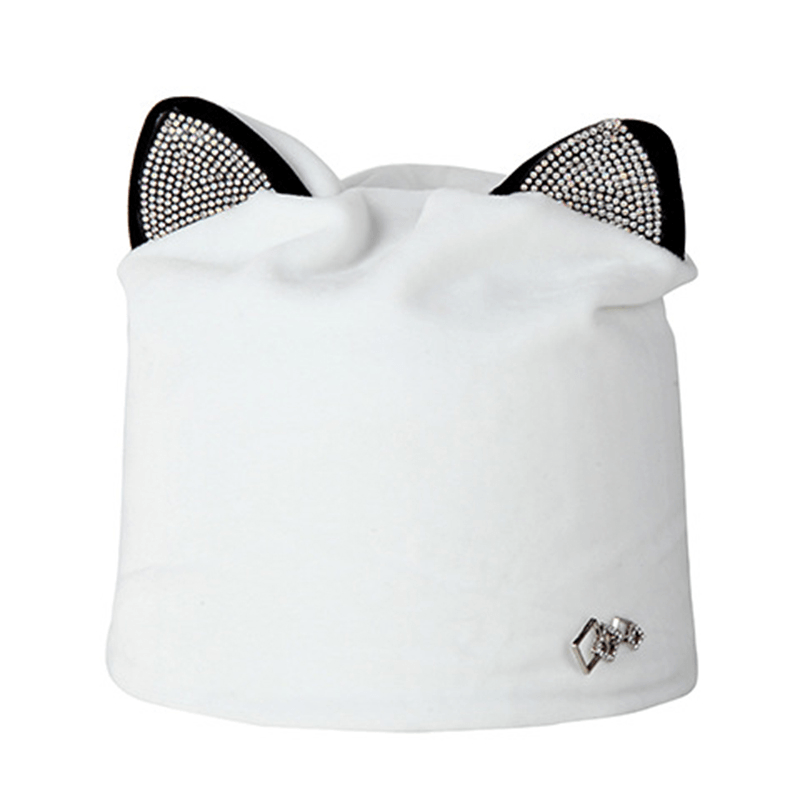 Women Velour Rhinestone Deco Cat Ear Windproof Beanie Cap