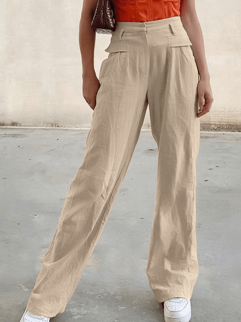 Women Zipper High Waist Wide Leg Pants Solid Color Casual Trousers with Pocket